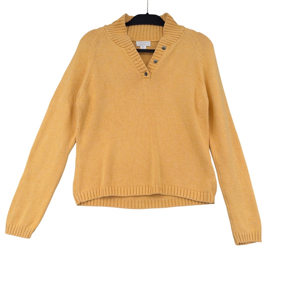 Christopher & Banks Mustard Yellow Cotton Henley Mock Neck Sweater XL 06138-7107